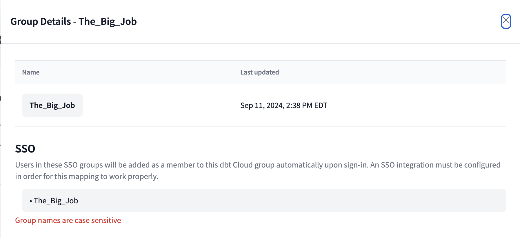 Example of an SSO group mapped to a dbt Cloud group.